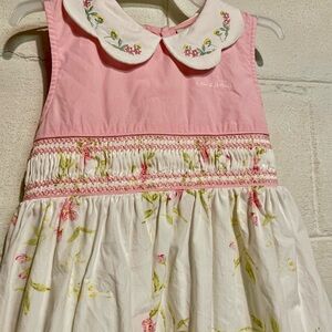 Pink and White Floral Smocked Dress with Embroidered Collar